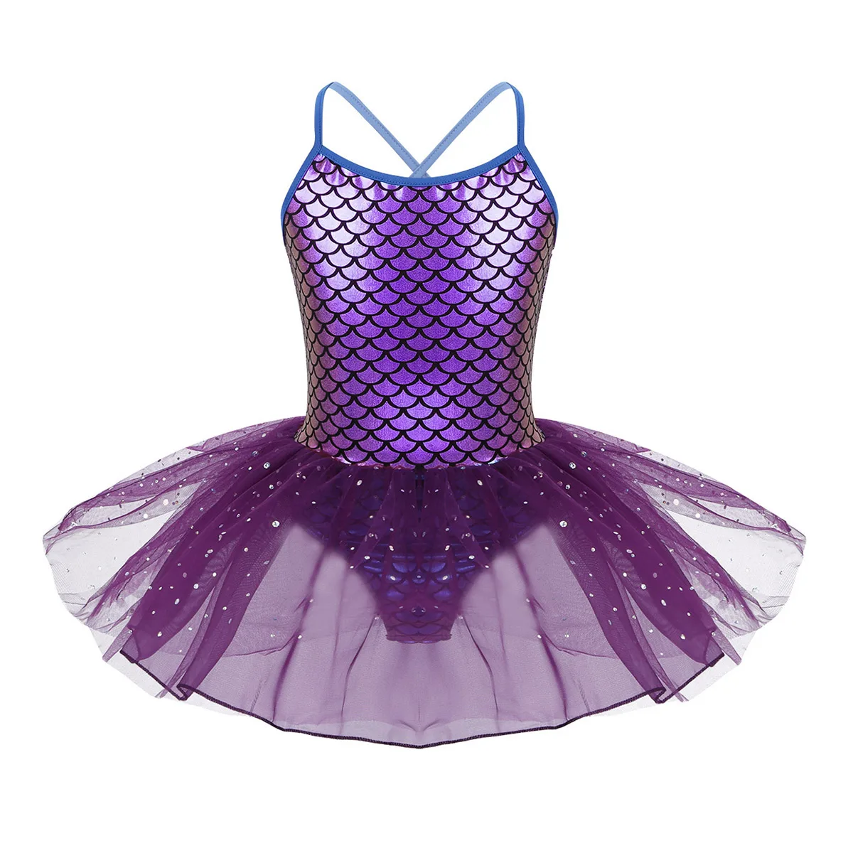 TiaoBug Kids Girls Glitter Mermaid Costume Spaghetti Shoulder Straps Scales Printed Ballet Dance Gymnastics Leotard Tutu Dress