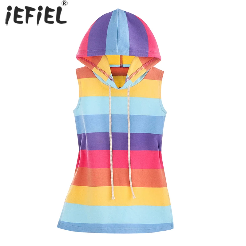 Kid Girls Rainbow Dress Summer Clothing Children Cotton Colorful Stripes Hooded A-Line Dress Kids Princess Split Dresses Sunsuit