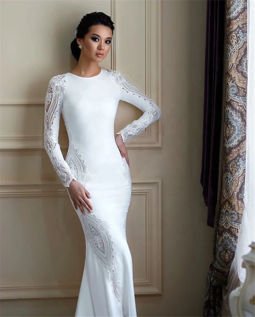 Precioso vestido de novia de satén de encaje de manga larga, vestido de novia de recepción con tren