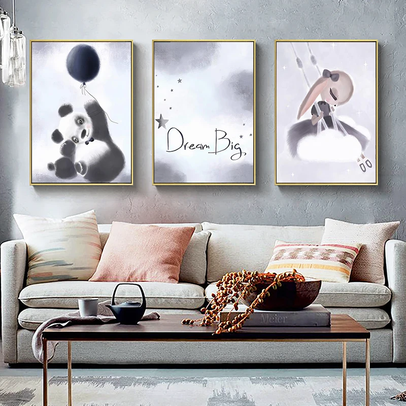 Child Poster Grey Color Animal Wall Art Canvas Nursery Dream Big Quotes Print Nordic Kid Bedroom Decoration Picture Painting