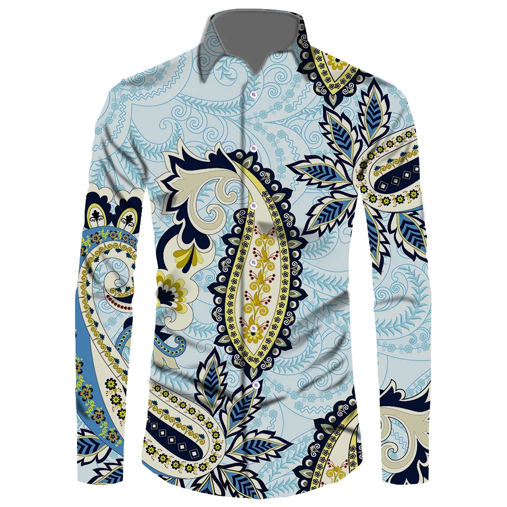 Undertake Custom Printing New Men Fashion Long-Sleeve Tops Cashew Nut Pattern Casual Male Lapel Work Shirts 3D Machine Printed