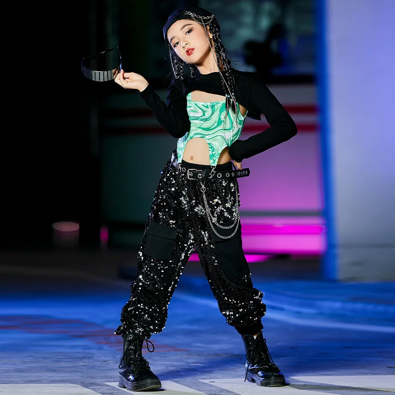 Stock Kpop Jazz Dance Outfit Mädchen Hip Hop Dancewear Kinder Street Dance Kostüm Pailletten Cargo Hosen Rave Festival Kleidung