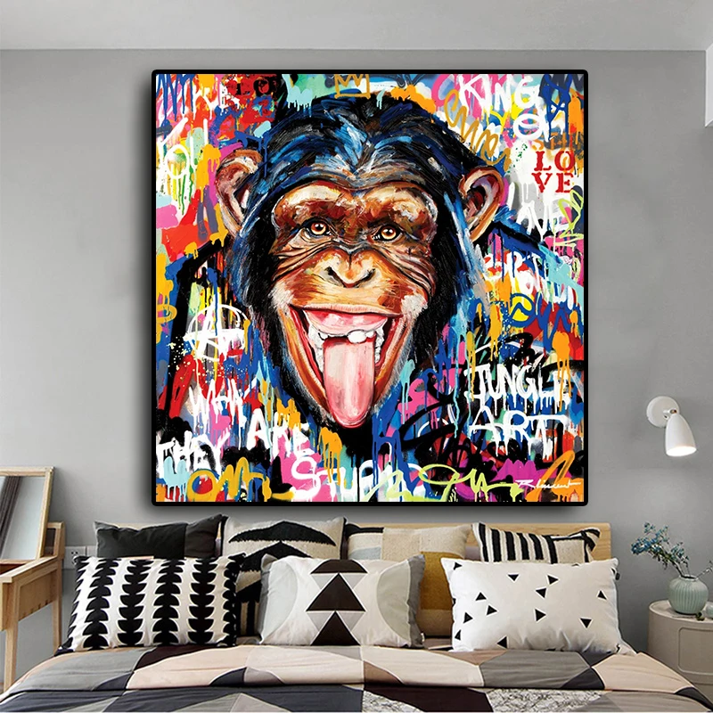 Graffiti Street Art Abstract Cute Monkey Canvas Painting Posters and Prints Cuadros Banksy Pop Wall Art Picture for Living Room