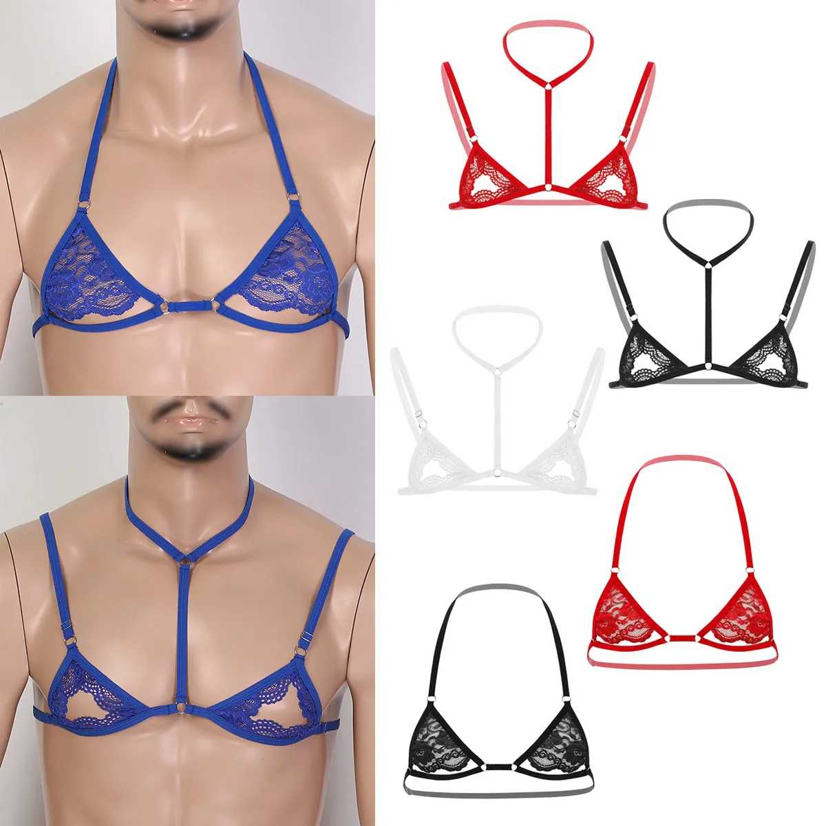 Mens Gay Erotic Bras Sissy Nightwear Sheer Lace Lingerie crop top Spaghetti Straps Wire-free Mini Bra Tops for Evening Parties