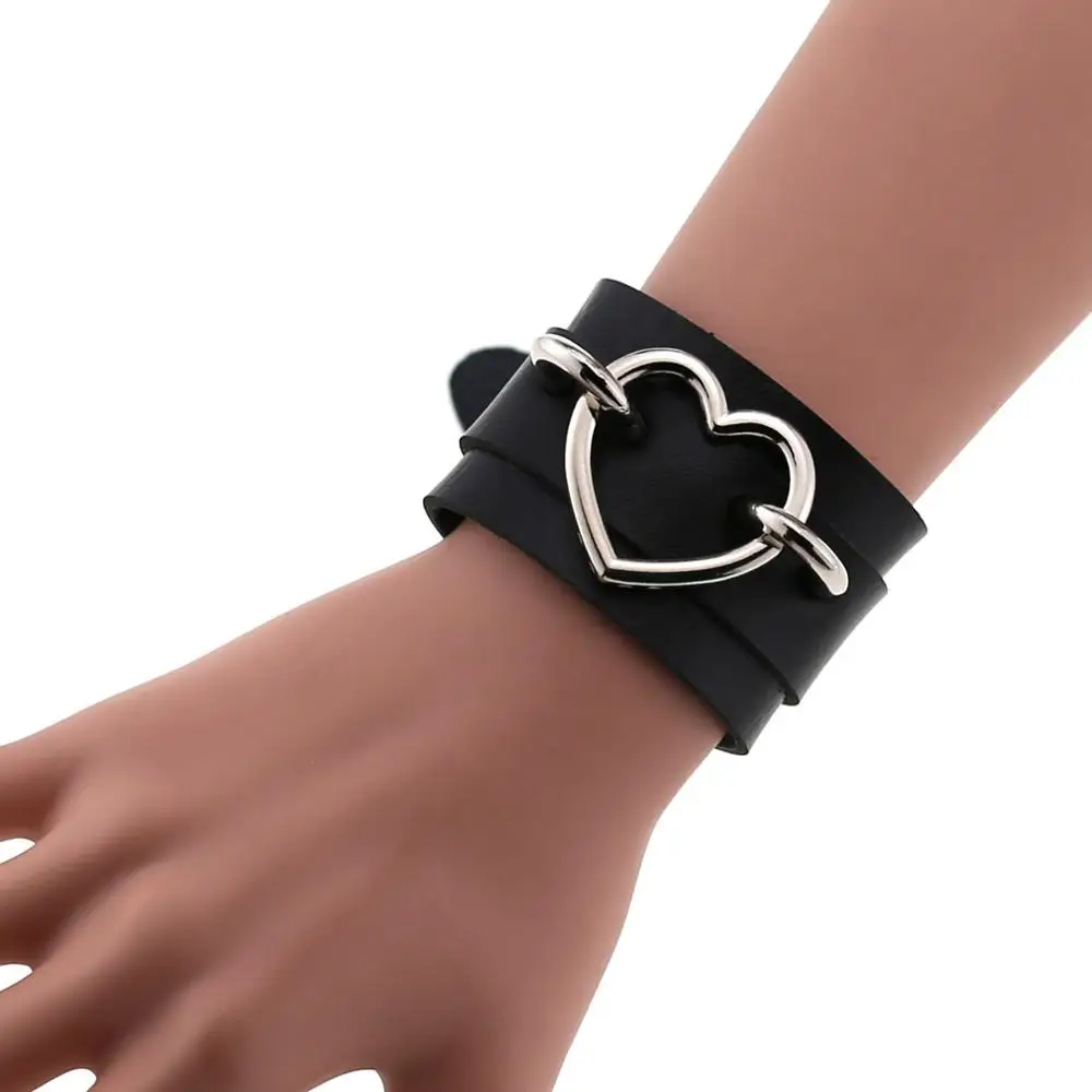 2023 Silver Color Heart Wide Cuff Leather Bracelets Punk Gothic Rock Unisex Bangles Bracelet Wristband for Women Men's Jewelry - Image 4