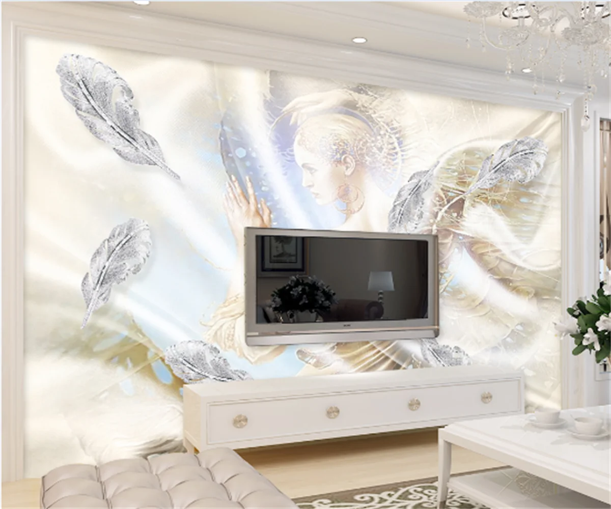 

European and American angel feather imitation jewelry sofa TV background wallpaper 3D home decoration custom mural