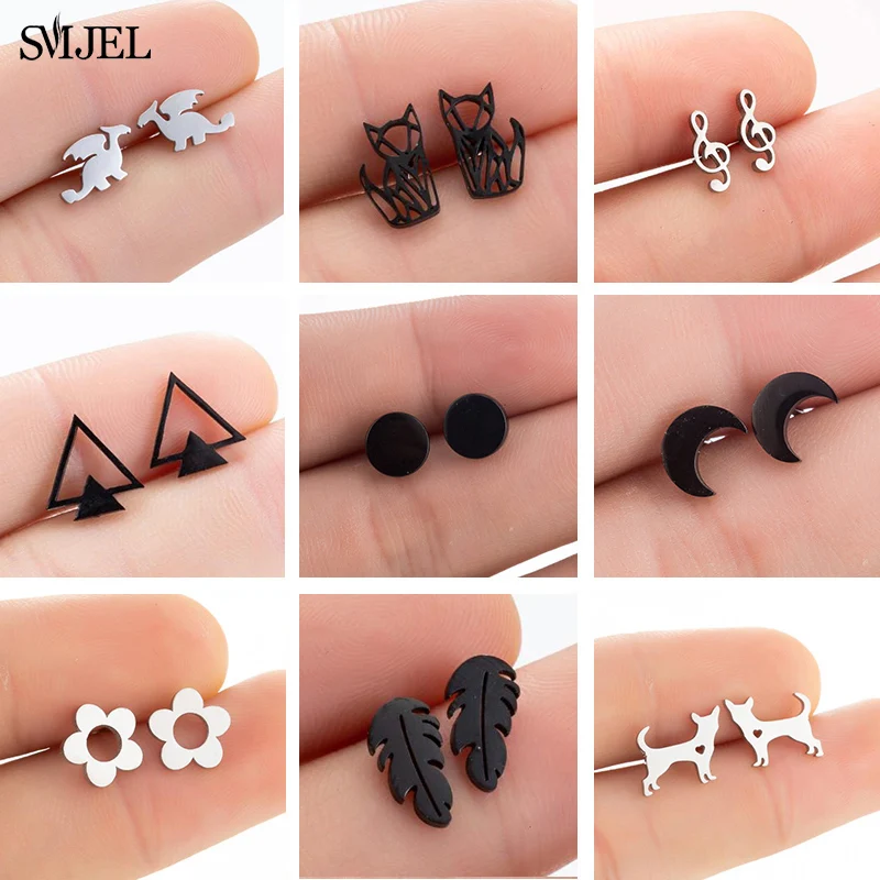 Multiple Black Stainless Steel Stud Earrings for Women Men Simple Triangle Dog Cat Leaf Star Geometric Earings Jewelry Punk Gift