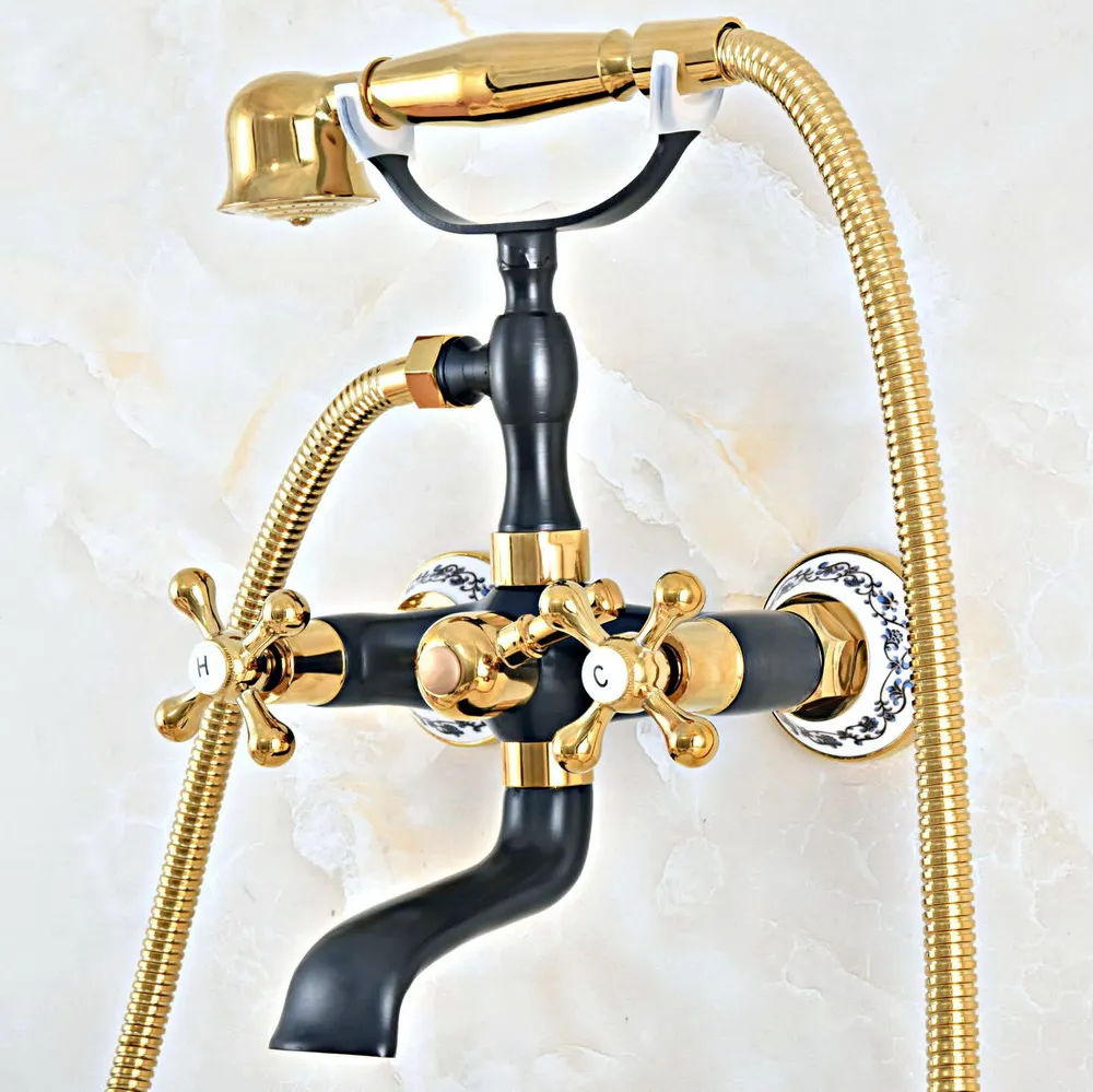 

Black Gold Color Brass Wall Mount Bathtub Faucet Dual Handles Swivel Spout Mixer Tap with Hand Sprayer zna462