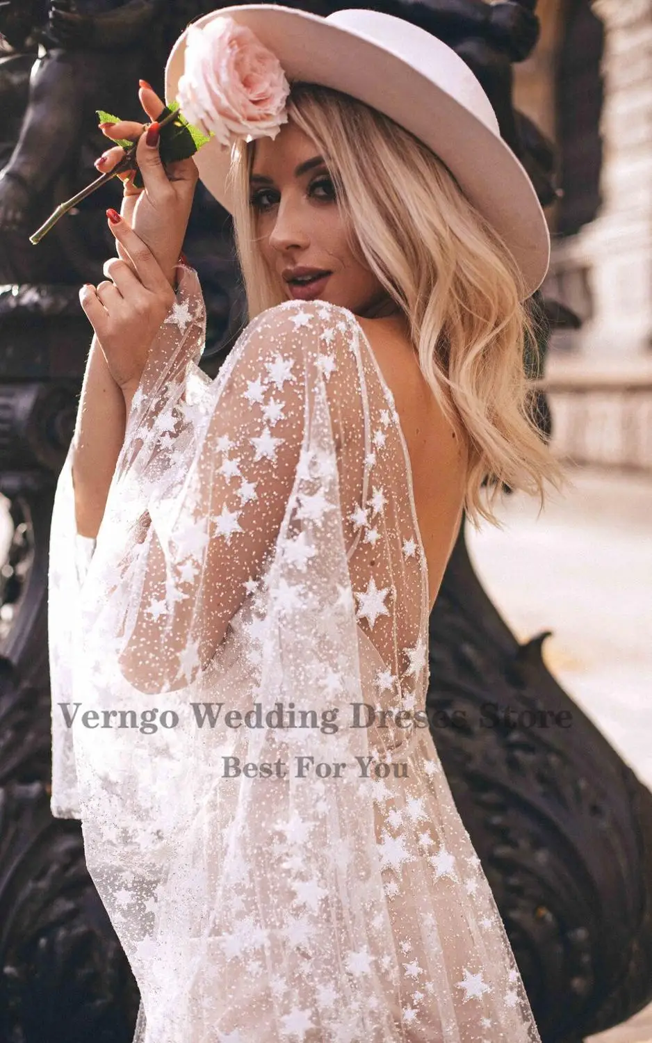 Verngo brilhos contando estrelas praia vestido de casamento boho rendas brilho contas mangas compridas moderno boêmio vestidos de noiva personalizados