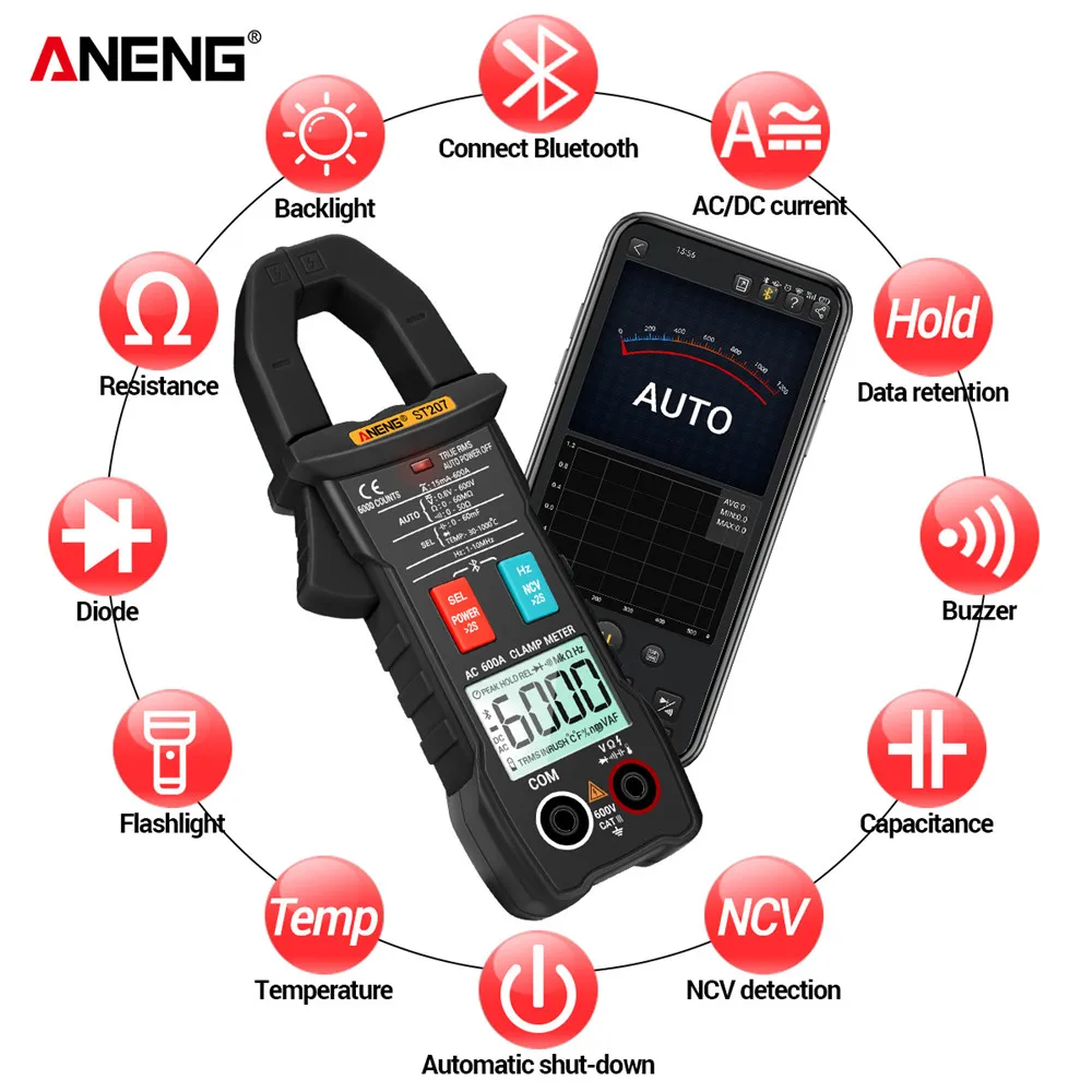 ST207 Digital Bluetooth Smart Multimeter Clamp Meter 6000 Count True RMS DC/AC Voltage Tester AC Current Hz Capacitance Ohm TEST