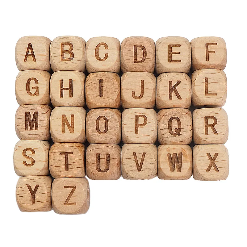 Chenkai 12mm 100PCS Square Wooden Alphabet Beads A-Z Letter beads for Baby Dummy Chewable Nursing Pacifier Chain Accessories