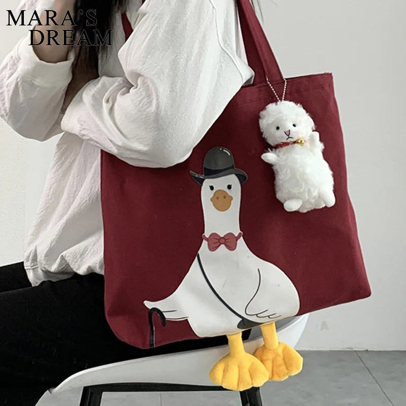 Mara\'s Dream Women Shoulder Shopper Bag Cute Duck Cartoon Print Casual Kawaii Canvas Tote Shopping Bag Cotton Cloth Eco Handbags