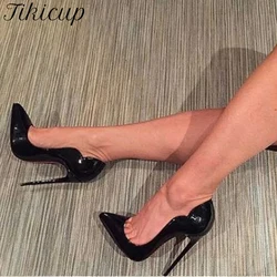 Tikicup Curl Cut donna solido nero vernice punta a punta scarpe tacco alto elegante Chic Stiletto pompe colori personalizza 8cm 10cm 12cm