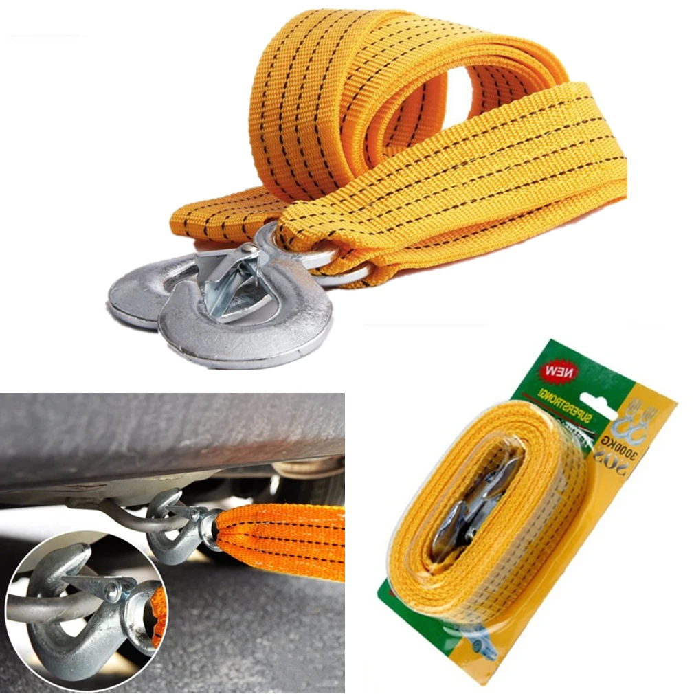 3 Tons Heavy Duty Car Rope Belt High Strength Nylon Strap With Strong Metal 2 Hooks Towing Cable Emergency For Vehicle Trailer