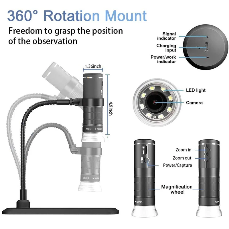 Wireless Digital Microscope WiFi 1080P Endoscope Camera1000x with Lift Stand Pocket Microscope with 8 LED Light Magnifier