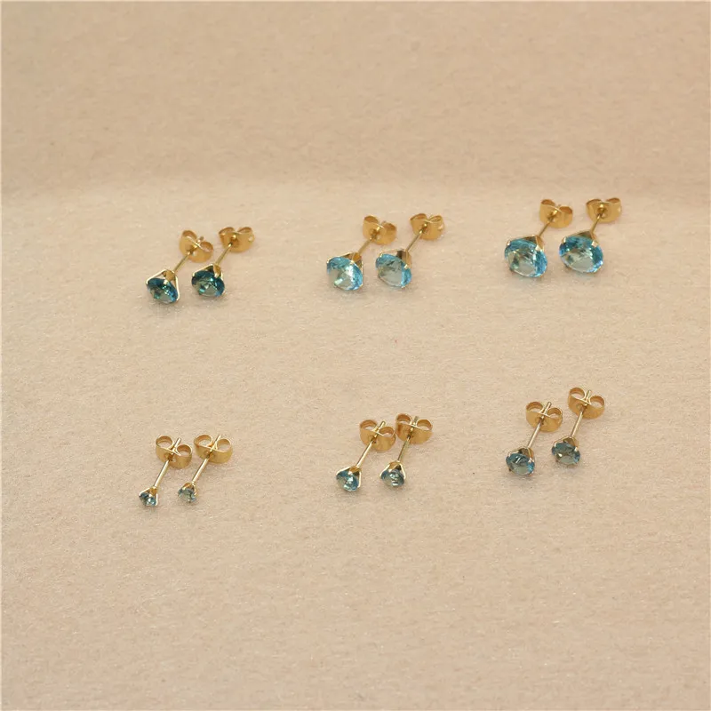 Size 3mm to 8mm 316L Stainless Steel Lake Blue Color Round Zircon Stud Earrings  No Fade Allergy Free Brief Jewelry