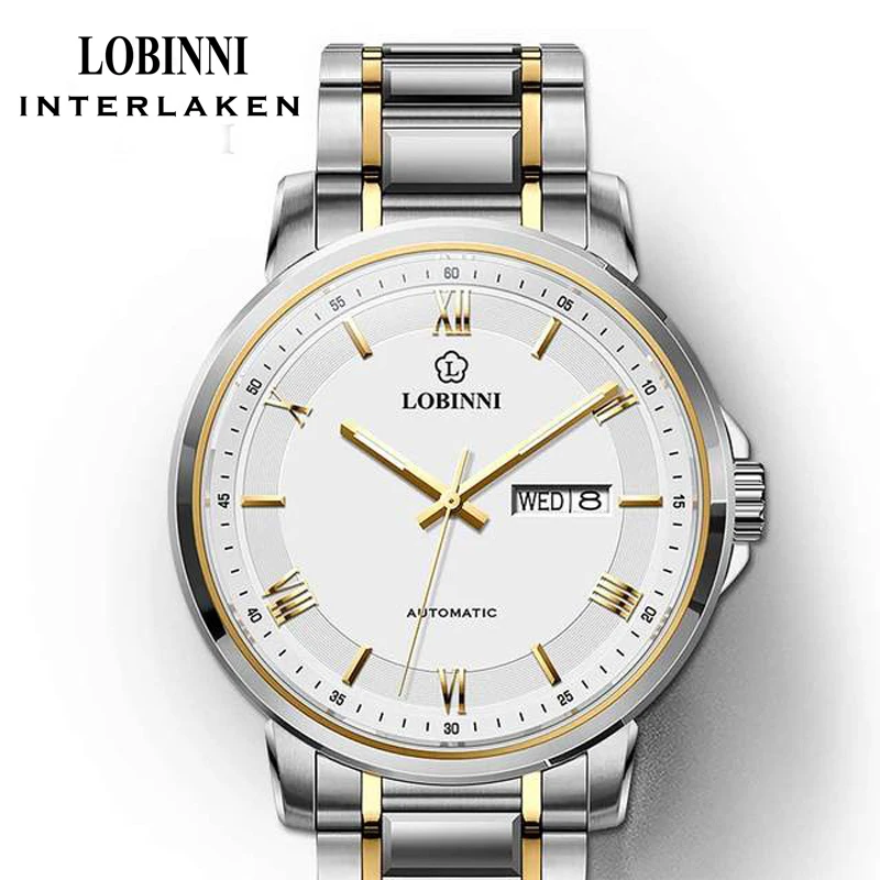 LOBINNI 간단한 스테인레스 스틸 남자 자동 기계식 시계 날짜 주 시계 사파이어 방수 50M 시계