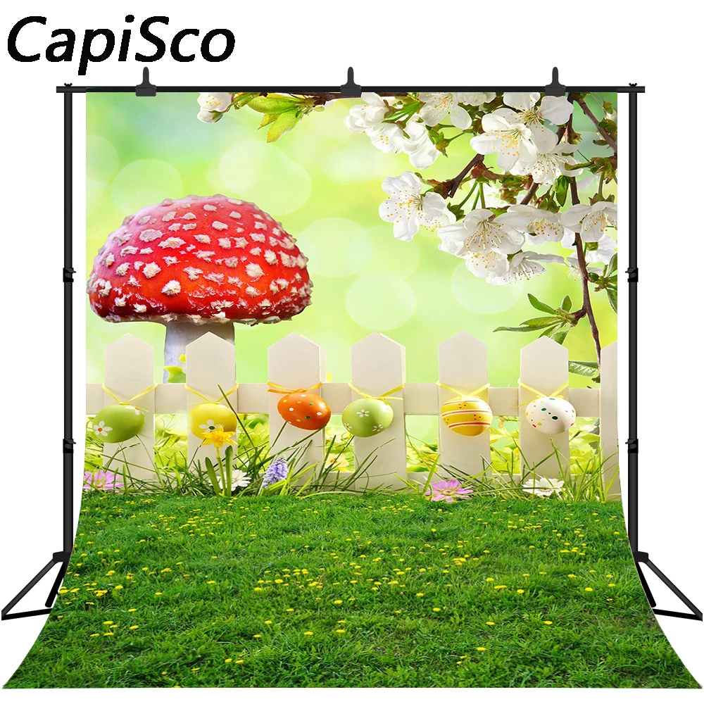 

Capisco photography backdrops green bokeh mushroom fence grassland colorful egg baby child easter photo background photophone