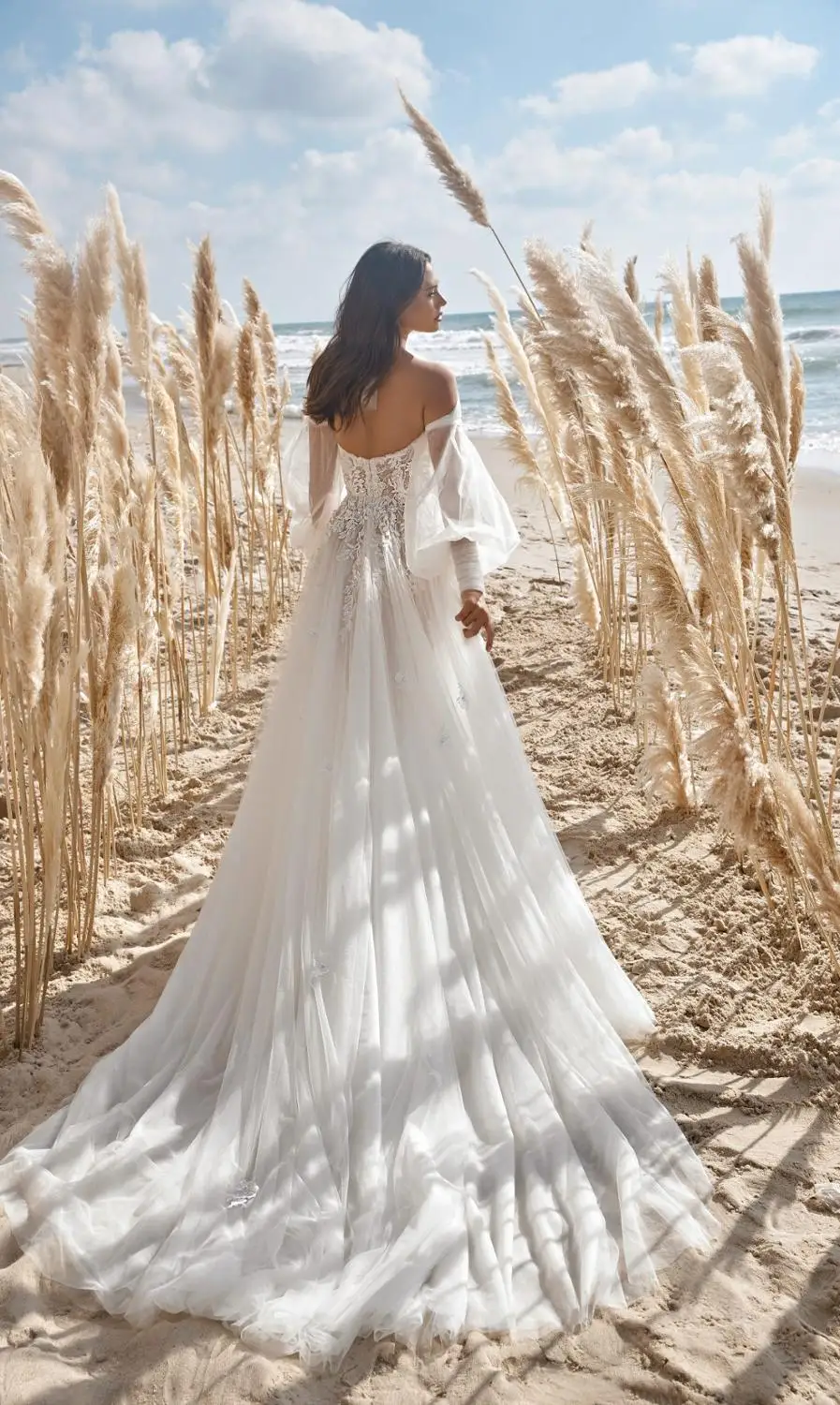 Morbido Tulle Boho abito da sposa manica lunga a sbuffo floreale pizzo perle abito da sposa 2021 abiti da festa di nozze con spalle scoperte