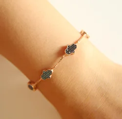 NEWEST european Fashion 925 Silver Bracelet cute black CZ fatima hamsa hand charm bracelets rose gold adjustable bracelet