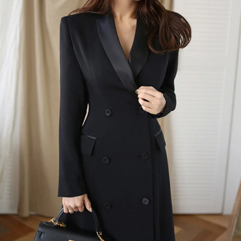 JSXDHK High Quality Double-Breasted Women Long Dress Spring Autumn Notched Collar Long Sleeve Belt Dress Elegant Office OL Dress