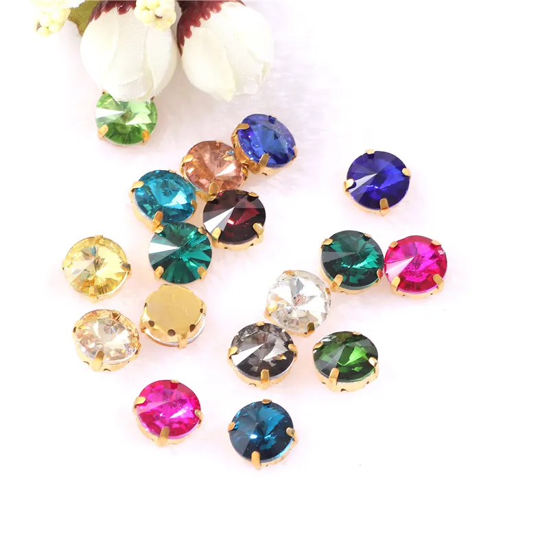 Round Rivoli Sew On Rhinestones Crystal Glass  With Gold Claw sew on stone for  clothing accessories shoes bag diy trim