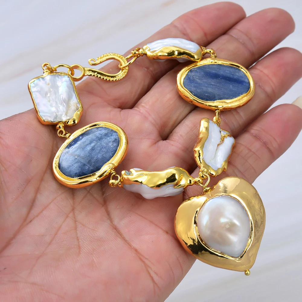 Freshwater White Keshi Pearl Natural Blue kyanite Nugget Heart Pearl Gold Color Bracelet 8