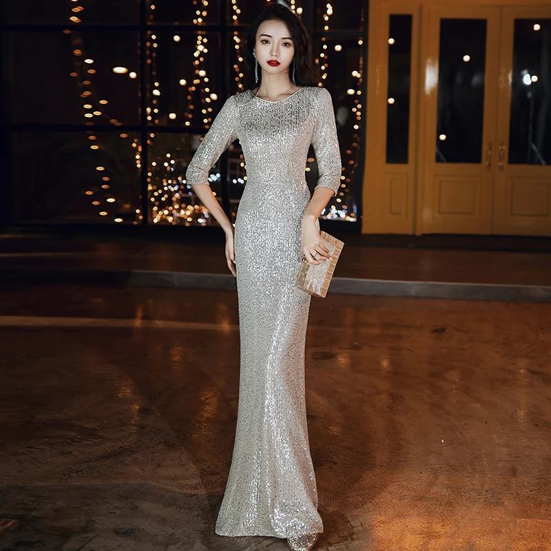 

wei yin AE0332 Arabic Little Mermaid Long Evening Dresses Elegant O Neck 3/4 Sleeve Sequined Champagne Formal Party Dresses