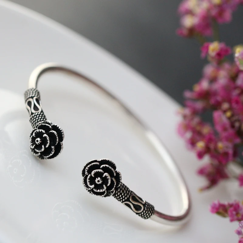 Authentic 925 Sterling Silver Bracelet Lady Retro Stereoscopic Multilayered Flower Cuff Bracelet National Style Jewelry Gift