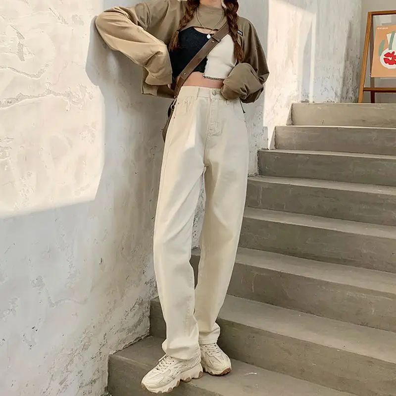 

New High Waist Spring Fashion Jeans Women Pants Beige Wide Leg Pants Straight Harajuku Streetwear Casual Trousers Jean Femme