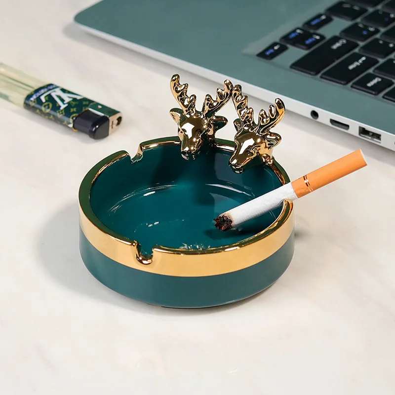 Round Gold-plated Deer Ashtray Cute Animal Ceramic Ashtray Office Living Room Decoration Desktop Storage Box Gift Art Decoration