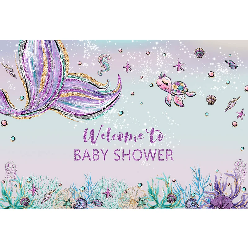 

Princess Girl Baby Shower Backdrop Printed Gold Purple Blue Fish Tail Turtle Birthday Party Prop Photobooth Background