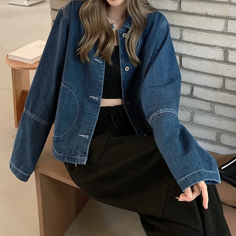 Hot Sale S-5XL Cropped Denim Jackets Women Vintage Straight Preppy Streetwear Kpop Casual Chic Long Sleeve Tops Harajuku Outwear