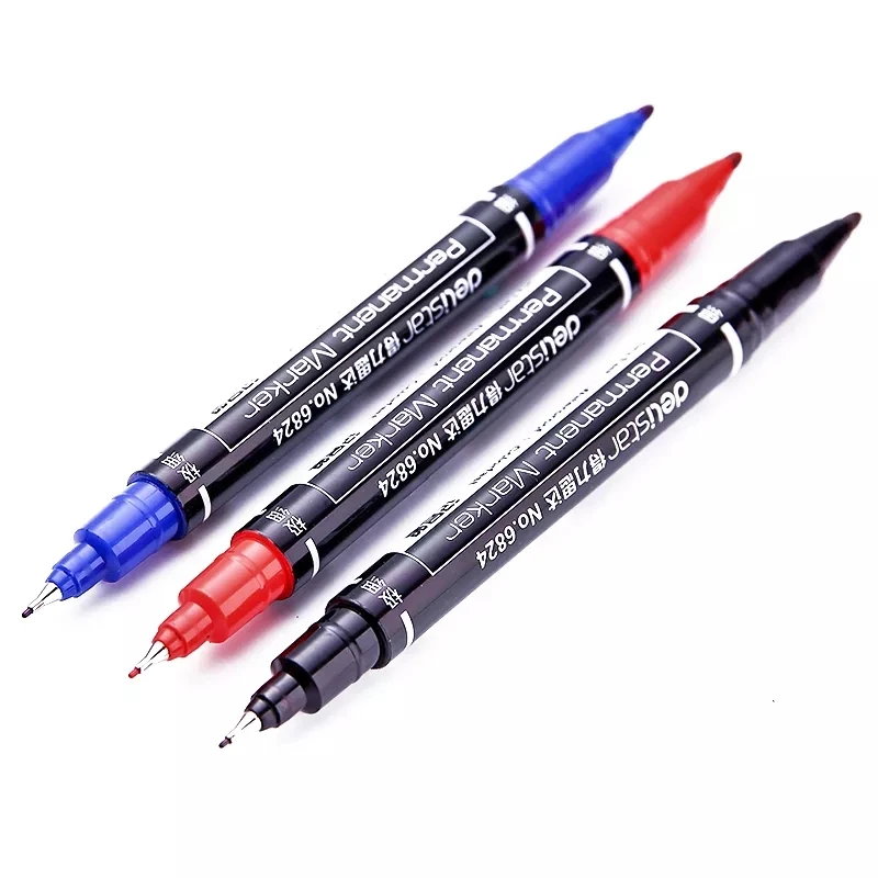 3 Buah/Paket Spidol Permanen Ujung Kembar, Tinta Titik Halus, (Hitam, Biru, Merah), 0.5Mm-1Mm