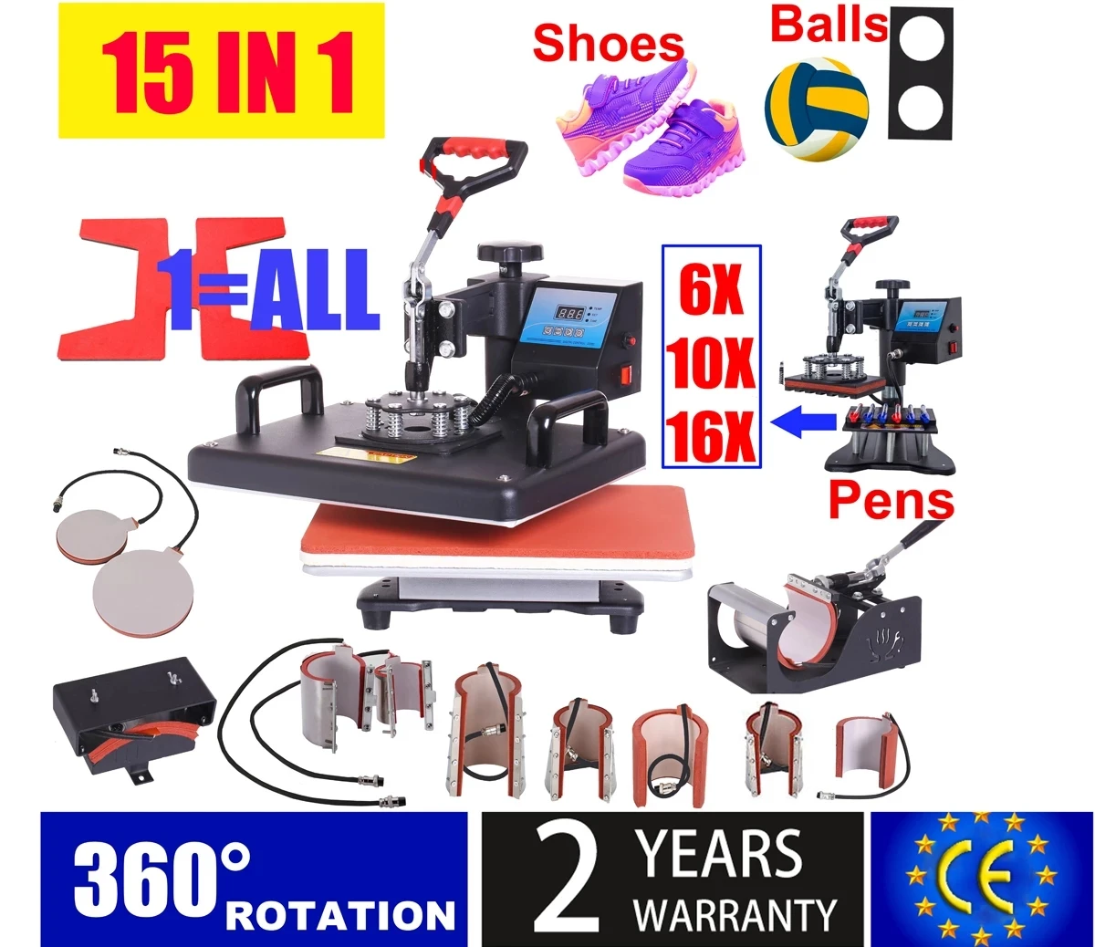 15 in 1 Combo Heat Press Machine Thermal Sublimation Transfer Printer For Cap/Mug/Bottle/T-shirts /Phone Case/Pen/Keychain/Shoe