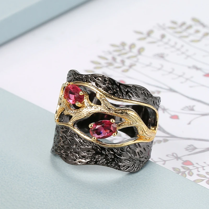 Kinel Vintage Bridal Wedding Ring Lucky Tree Punk Gun Black Mosaic Red Zircon Stone Finger Rings For Women Drop Shipping