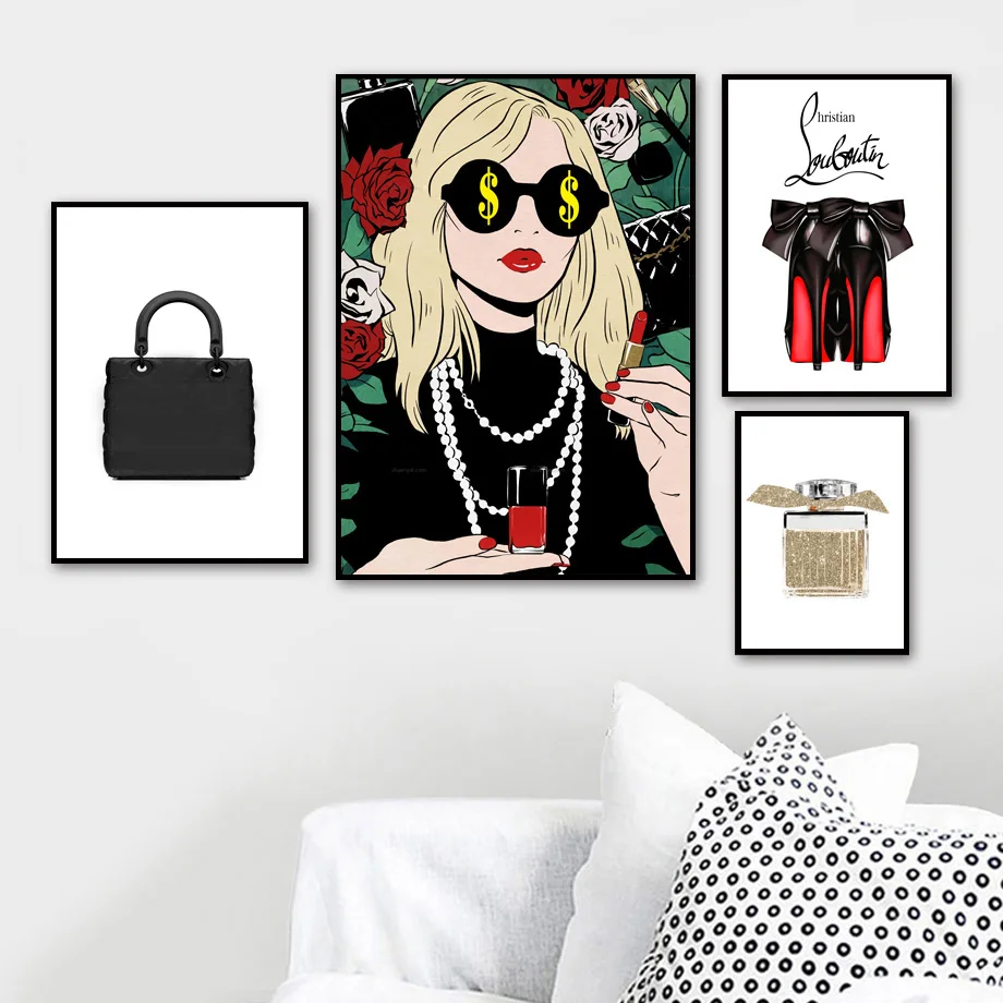 Fashion Glasses Girl Handbag High Heels Wall Art Canvas Painting Nordic Posters And Prints Wall Pictures For Living Room Decor