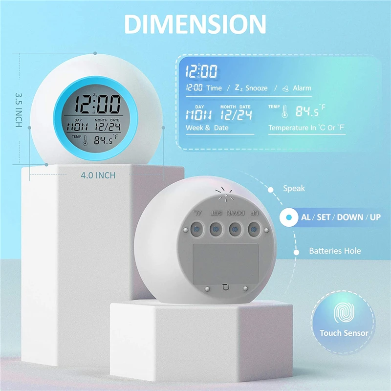 Aoreun Réveil numérique pour Enfants, 7 Couleurs Changeantes LED Nuit Réveil de Chevet avec Fonction répétition, détection de température pour Tout- Petits, Enfants garçons et Filles, étudiants