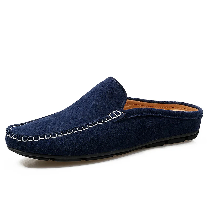 

Summer Mules Suede Leather Half Shoes For Men Casual Mens Penny Loafers Slipper Slip On Flats Lazy Driving Shoes Man Moccasin