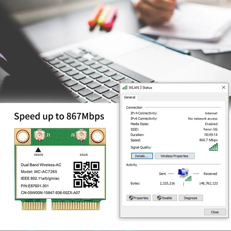 Carte réseau Wi-Fi avec puce MC-AC7265 pour ordinateur portable, 1200 Mbps, sans fil, demi Mini PCI-E Bluetooth 4.2, prend en charge le protocole