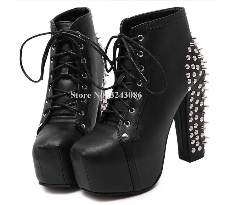 Women Black Leather Rivets Ankle Boots Fashion Lace-up Chunky Heel Spikes Short Boots Lady Large Size Dress Banquet Shoes