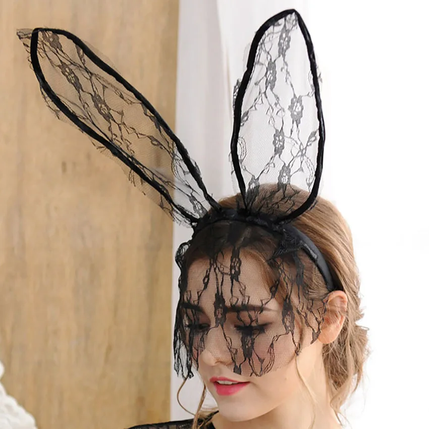 Party Cosplay Masks Rabbit Ears Shaped Hairband Lace Masquerade Ladies Mask Halloween Party Prom Eye Mask Decoration Props