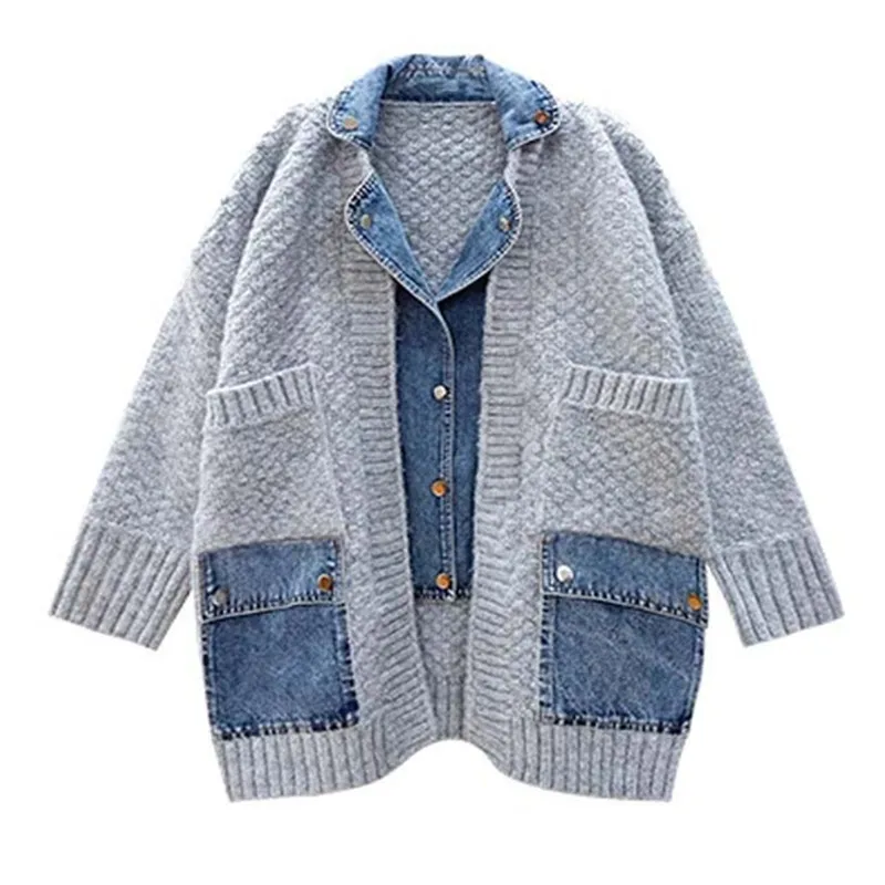 Denim Spliced Knitted Sweater Jacket Women 2021 Autumn Winter Cardigan Knit Coat Big Pocket Fashion Lapel Loose Sweaters Female