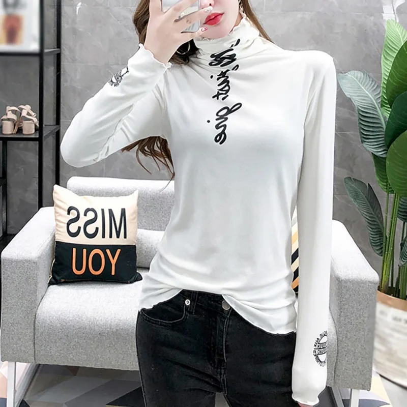 Women Simple Casual Thick Letter Print T-Shirt Female Fashion Slim Thin High Collar Long-Sleeve Bottoming Wild Casual T Shirts