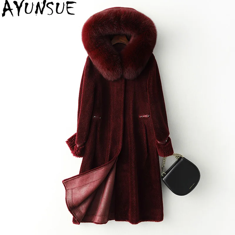 

AYUNSUE Natural Fox Fur Hooded 100% Sheep Shearing Coat Female Winter Clothing 2020 Korean Real Fur Jacket Women Hiver YR3980