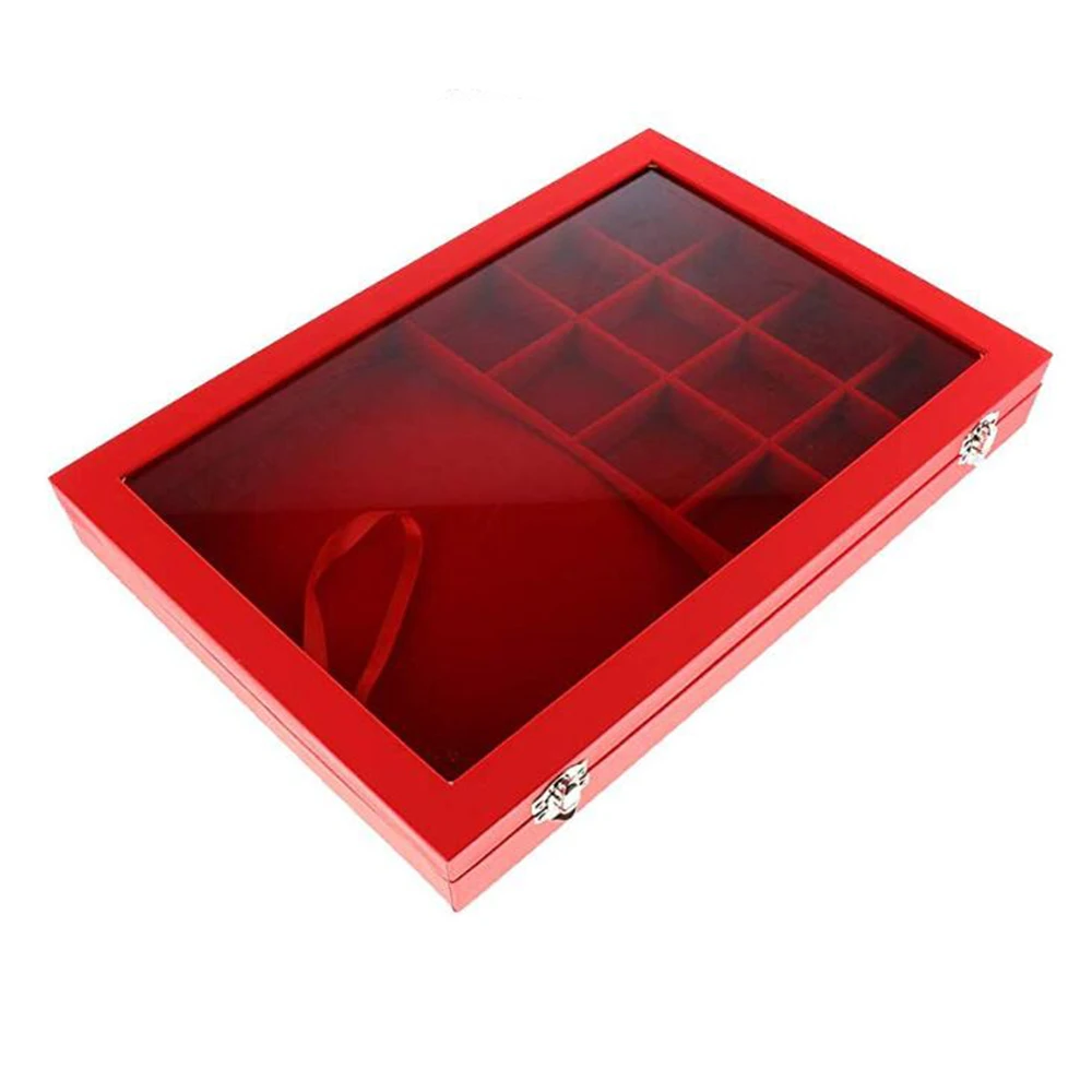 12 Grids & Necklace Display Tray Multifactional Jewelry Organizer  Glass Lid Cover Grid Bracelet Earring Showcase Ring Holder