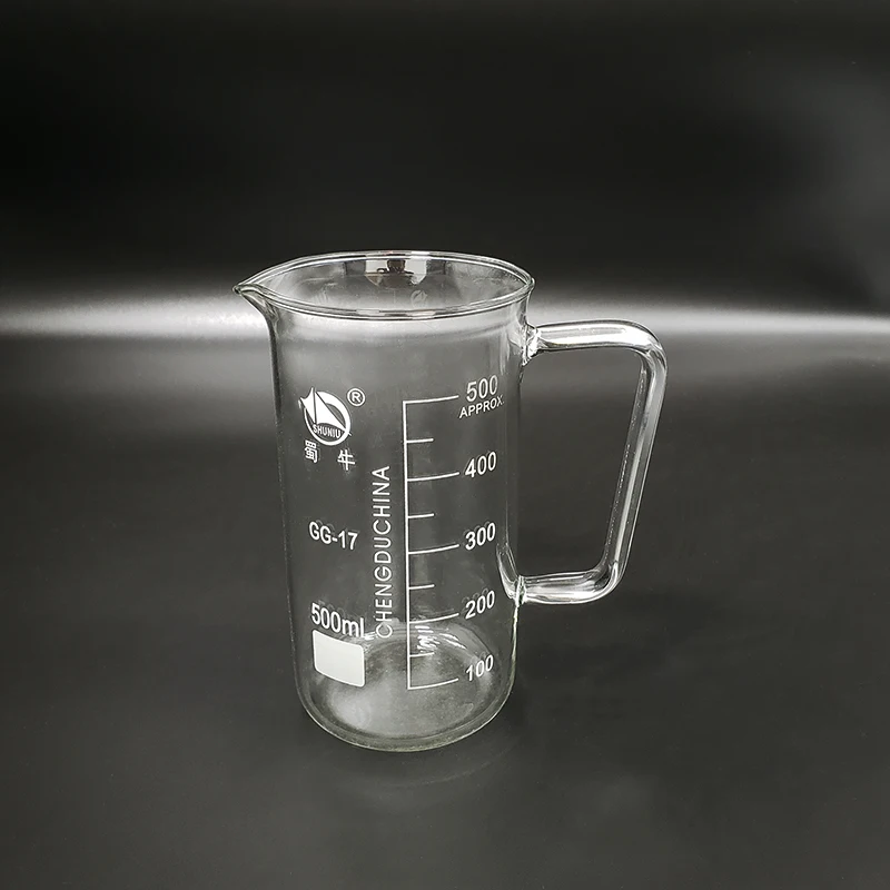 

With handle Beaker in tall form,Capacity 500ml,Outer diameter=77mm,Height=150mm,Laboratory beaker