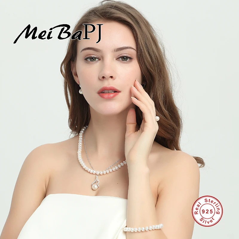 [MeiBaPJ] 925 sterling silver 6 items sets 100% real natural pearl jewelry set for women top quality white color gift box