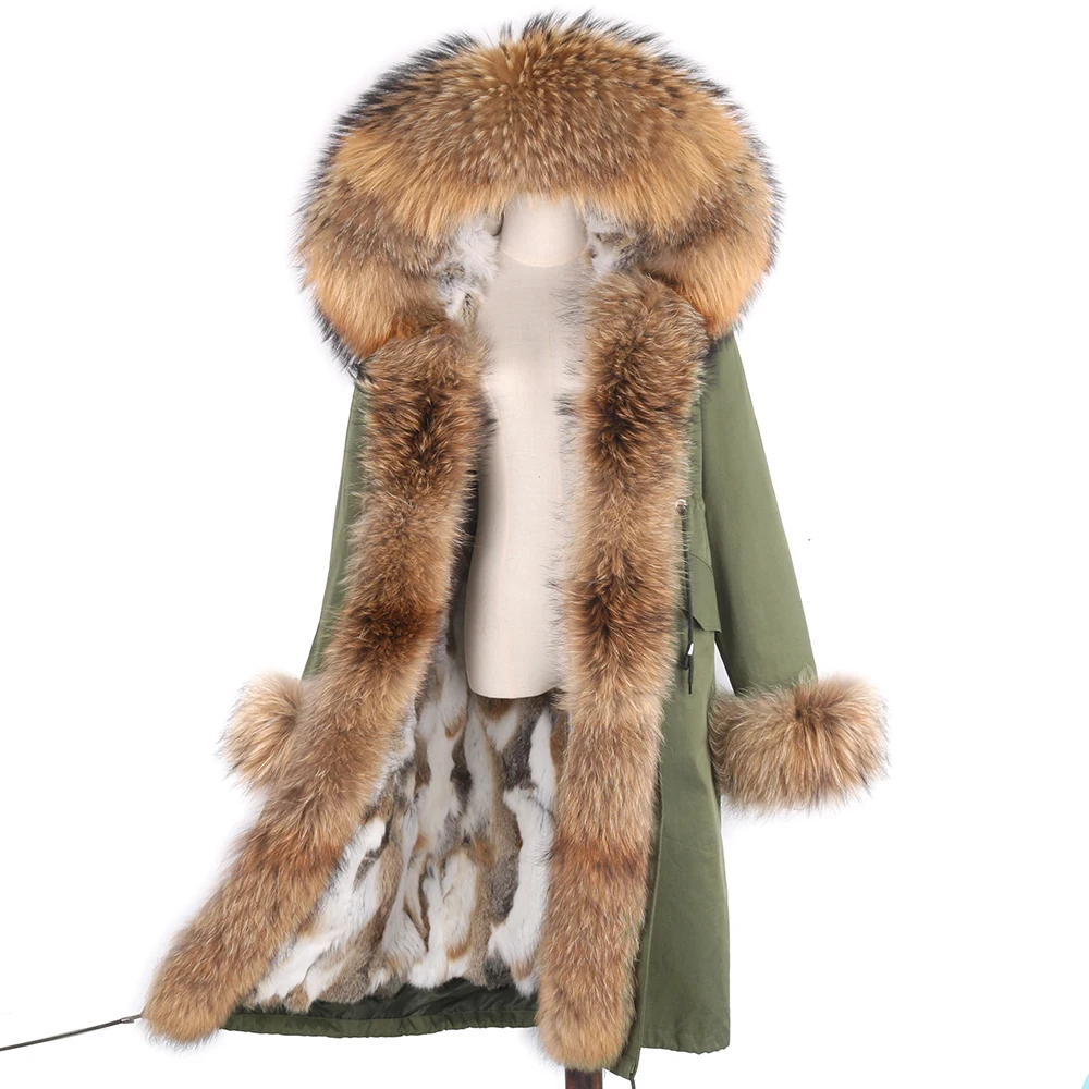 Real Rabbit Fur Coat X-long Natural Fur Jacket Women\'s Winter Parka Waterproof Big Raccoon/Fox Fur Collar Hooded Streetwear New