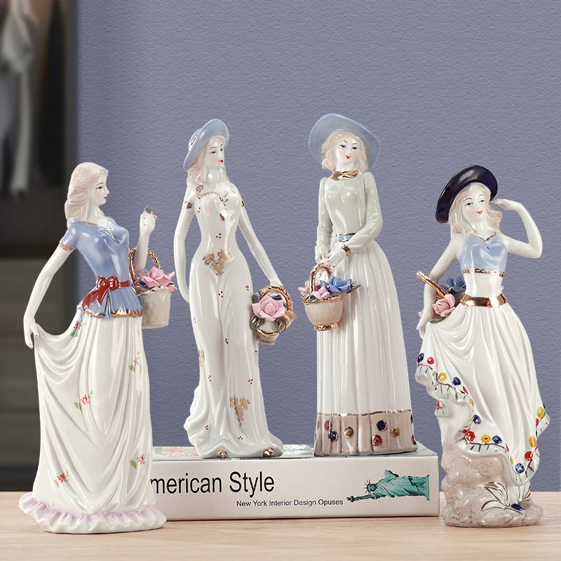 

European Western Female Character Ceramic Ornaments Home Livingroom Desktop Figurines Decoration Wine Cabinet Sculpture Crafts